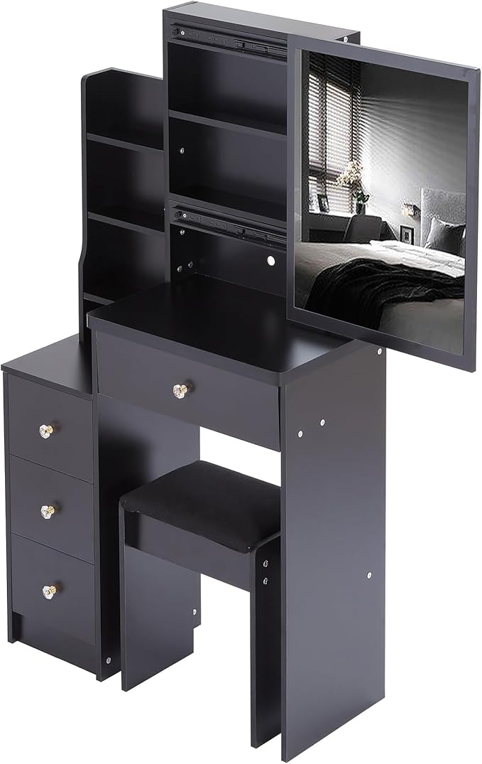 Small Makeup Vanity Desk with Mirror, Small Vanity Desk Set with Hidden Chair, Compact Vanities Table with Compact Space Storage Stool, 4 Drawers, Storage Shelves for Bedroom, Black