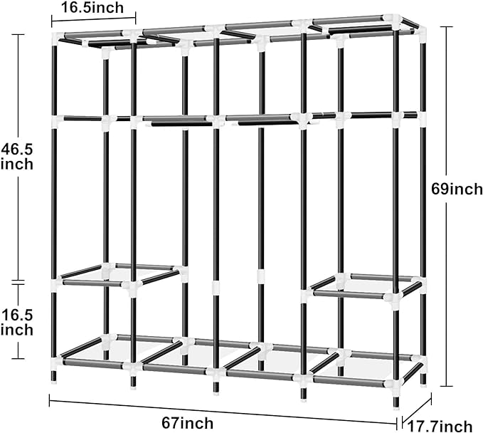 LOKEME Portable Closet, 67 Inch Wardrobe Closet for Hanging Clothes with 4 Hanging Rods, 25mm Steel Tube Clothes Storage Organizer for Extra Sturdy, Quick and Easy to Assembly, Gray Cover