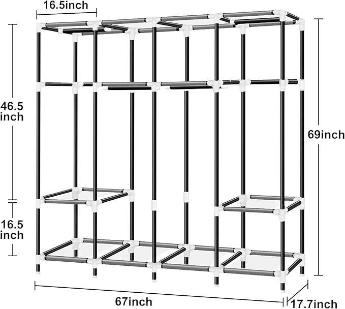 LOKEME Portable Closet, 67 Inch Wardrobe Closet for Hanging Clothes with 4 Hanging Rods, 25mm Steel Tube Clothes Storage Organizer for Extra Sturdy, Quick and Easy to Assembly, Black Cover