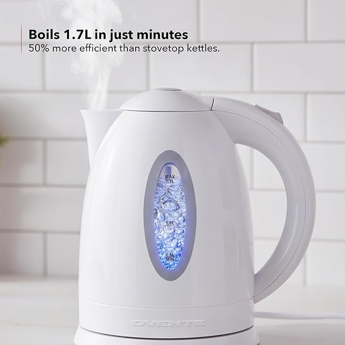 OVENTE Electric Kettle, 1.7L Fast Boiling Water Heater for Coffee or Tea, BPA Free with Water Level Gauge, Auto Shut-Off, Boil-Dry Protection, Indicator Light and Removable Filter, White KP72W