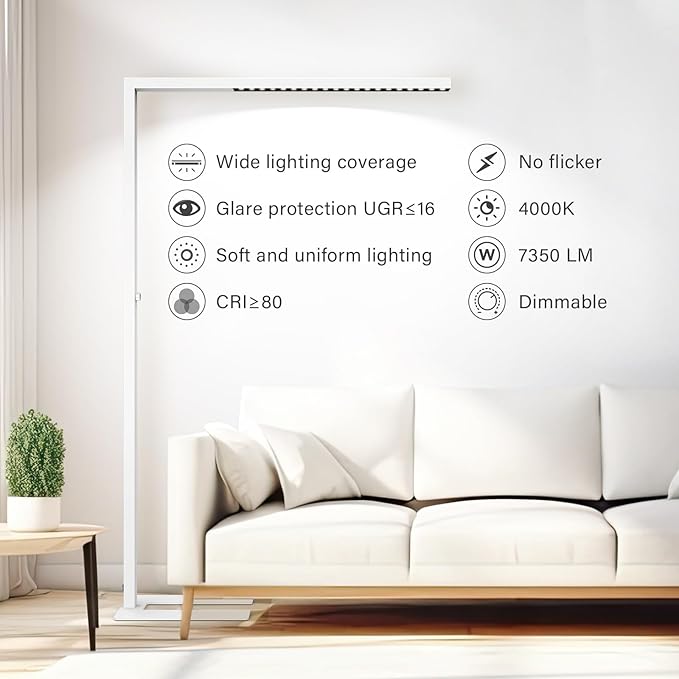 STERREN 77" LED Floor Lamp for Office, 7350LM Dimmable Eye-Care Standing Piano Lamp,70W Tall Reading Light, 4000K Bright Lighting for Living Room - White