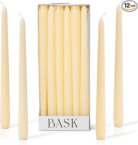 Bask 10-inch Taper Candles - Unscented and Dripless - Burns for 8 Hours - Home Decor for Dinner Table, Kitchen, and Bedroom - Perfect for a Romantic Date or Anniversary - 12-Pack - Ivory