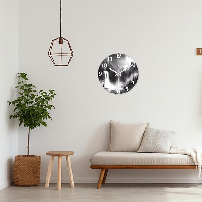 XNM 14 Inch Waterfall Wall Clock for Living Room Analog Natural Landscape Black and White Glass Wall Clocks Battery Operated Round Wall Clock Silent