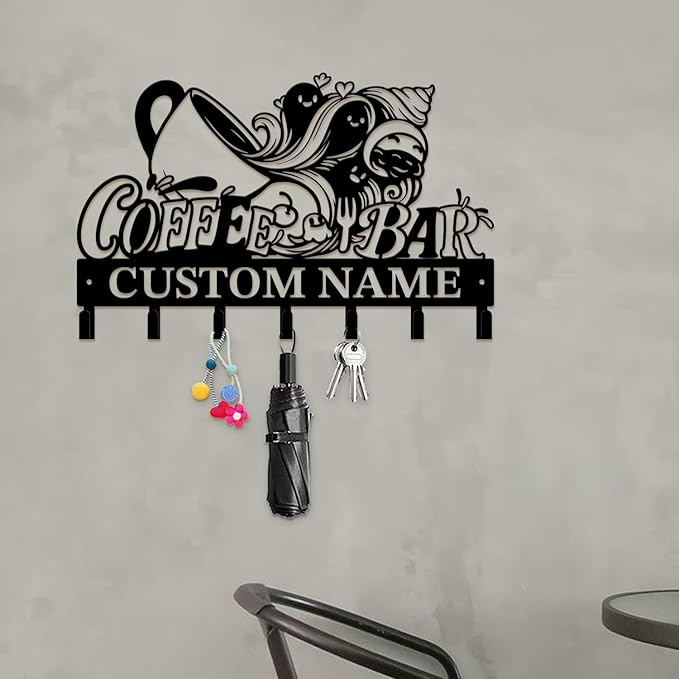 Coffee Bar Keys Holder - Metal Iron Wall Hooks with Custom Name | Personalized Home Decor & Gift Idea | Coffee-Themed Text Engraving Design (Style D)