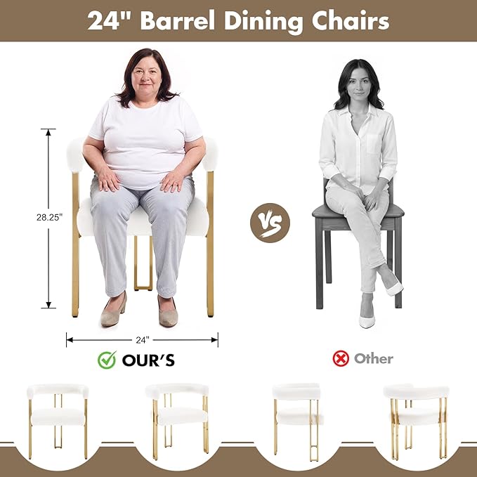 Beige and Gold Modern Dining Chairs Set of 6, Velvet Upholstered Barrel Armchairs with Metal Legs for Kitchen Island, Mid Century Accent Chairs for Dining Room Living Room, Open-Back