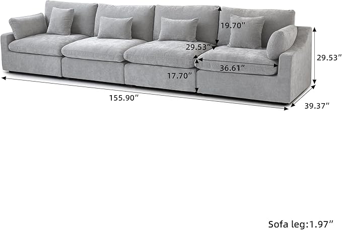 WJShome 160" Cloud Couch Sectional for Living Room, Down Filled Modular Sectional Sofa,4 Seater Convertible Couch, Sofa Covers Washable&Replaceable,Gray