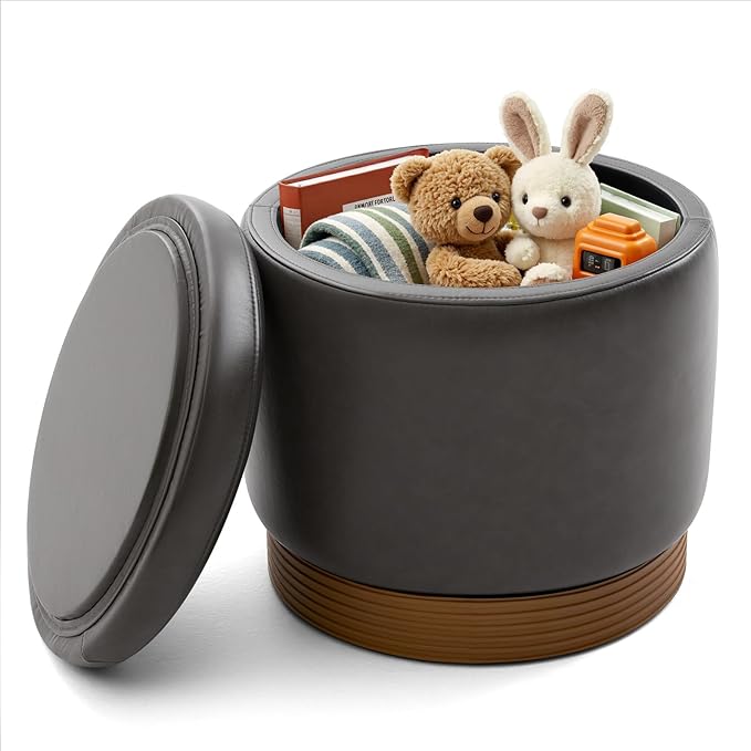 Round Ottoman with Storage,Swivel Vanity Stool-Leather Foot Rest,Upholstered Footstool Pouf with Sturdy Wooden Frame(500 Lb),Small Coffee Table & Hidden Storage Ottoman for Living Room