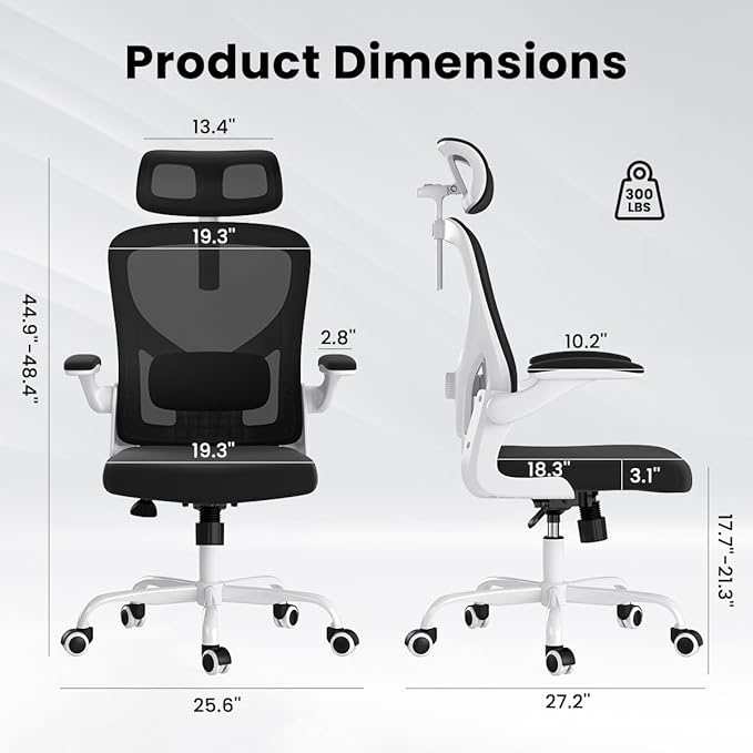 Soohow Office Chair, Ergonomic Office Mesh Desk Chair with Adjustable Back Support, High Back Comfy Computer Swivel Chair with Headrest, Lumbar Support for Study Room, Gaming and Office, White Black