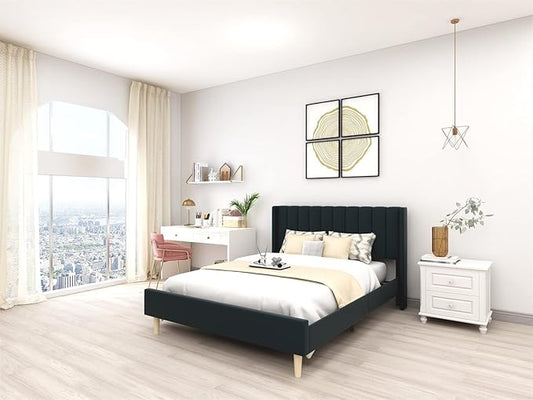 Low Profile Upholstered Platform Bed,Queen Beds with Black(Linen)