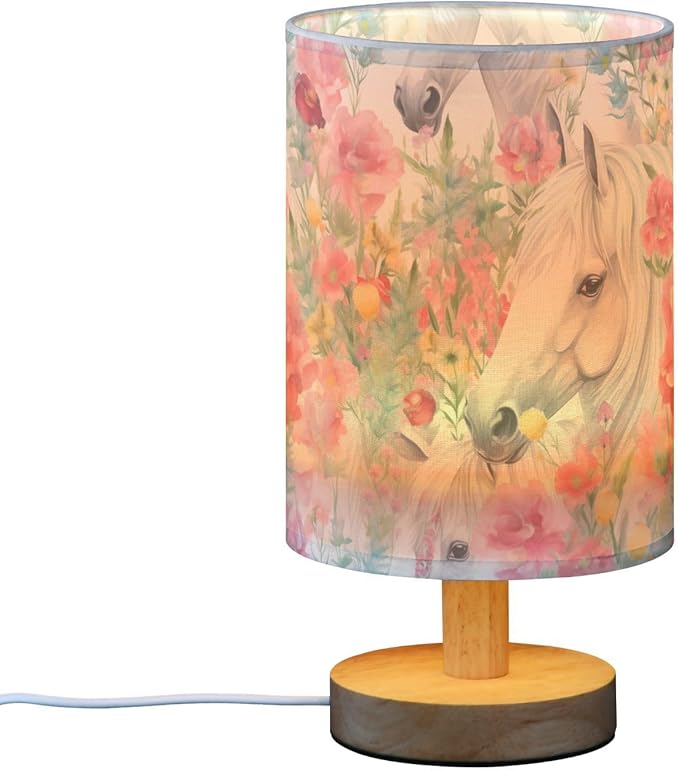 Bedside Lamp White Horse Pink Flower Table Lamp with USB Port Wood Base for Living, 5.12x9.7in/13x24.7cm, 214B3018