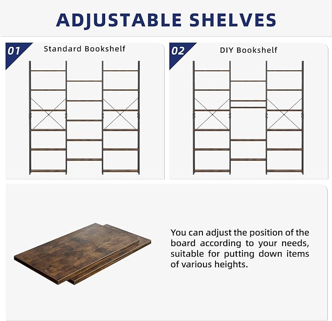 NUMENN Triple Column 6 Tier Bookshelf, Bookcase with 17 Open Display Shelves, Adjustable Rustic Industrial Style Book Shelves, Modern Bookshelves for Bedroom, Living Room and Home Office, Vintage