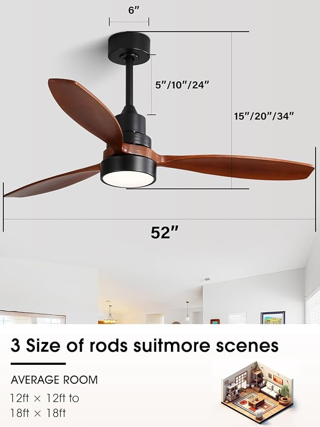 Sofucor Ceiling Fan with Lights and Remote, 52 inch Modern LED Ceiling Fan with 3 Wood Blades and 3 Black Downrods, for Indoor Bedroom Living Room Outdoor Patio Porch, Reversible, Quiet and Powerful