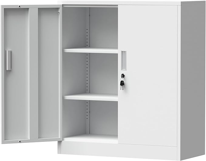Metal Storage Cabinet with Locking Doors and 2 Adjustable Shelves, Small Lockable Steel Storage Cabinets for Home Office Garage Kitchen Pantry (White)