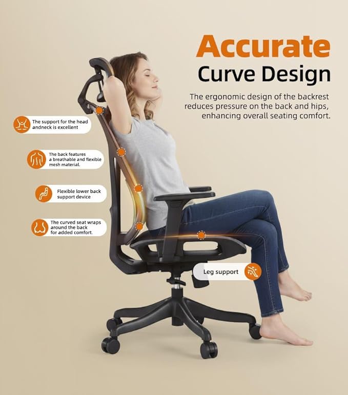 Mesh Office Chair – Ergonomic Office Chair with Lumbar Support, 3D Adjustable Headrest & Sliding Soft Seat Cushion – Holds Up to 270lbs (Black)