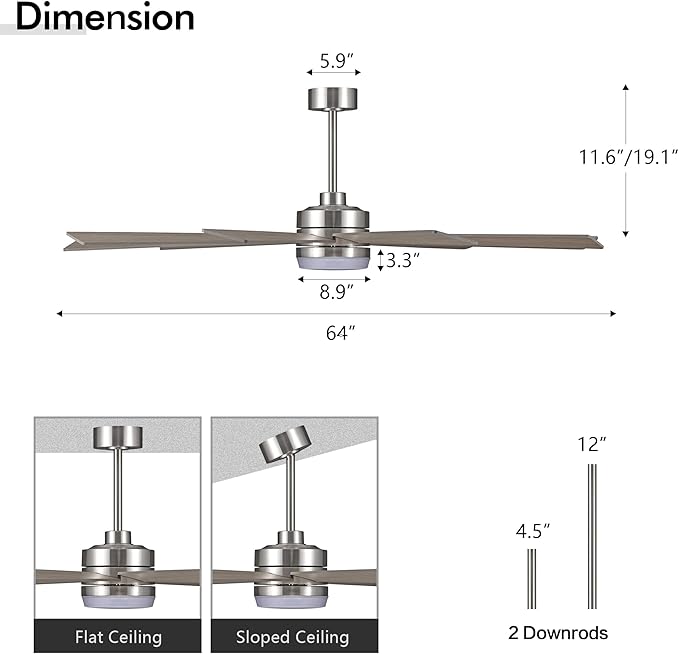 64" Ceiling Fan with Light, 6-Speed Remote Control, Reversible DC Motor, Modern 9 Blades with 4.5"/12" Downrods for Home or Commercial Silver/Wood Color