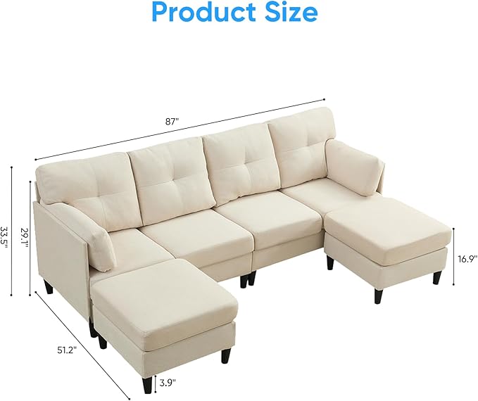 PUREMIND Sectional Home Sofa Living Room, Modern U-Shaped Sofa Couches with Double Chaise, Upholstered 4 Seater Sofa for Living Room, Apartment, Beige