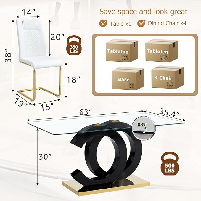63'' Glass Dining Table Set for 4, Kitchen Table Chairs Set of 4, Clear Glass Dining Table with Black unique design Leg and Gold Metal Base, 4 PU Dining Chairs with Metal Legs, Living Room, Kitchen.