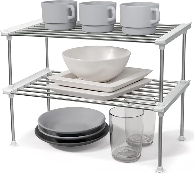 carrotez Cabinet Organizer Shelf, Set of 2 Stackable Kitchen Counter Shelves, Kitchen Cabinet Organizers and Storage, Pantry Storage Shelf Organizer, 15.7 x 7.8 x 6.1 - White