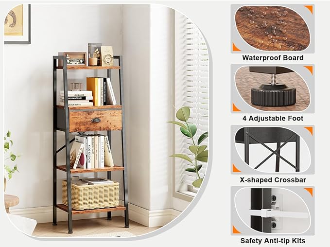 Furologee 4 Tier Ladder Shelf, Narrow Ladder Bookshelf with Drawer, Modern Freestanding Bookcase, Storage Shelves Organizer for Bathroom,Kitchen,Bedroom,Living Room,Rustic Brown