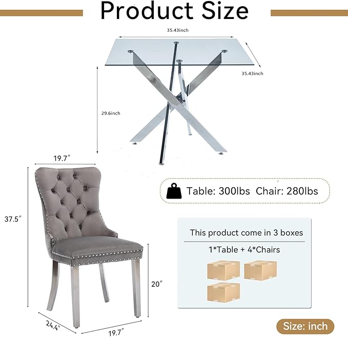 Goujxcy 5 Piece Glass Dining Table Set Modern Small Glass Dining Table Set for 4, 35.43" Square Kitchen Table and 4 Velvet Upholstered Chairs for Kitchen Dining Room, Silver & Grey