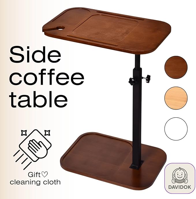 DAVIDOK C-Shaped Sofa End Table, Adjustable Height Couch Side Table with Device Slot, Brown Color with Black Metal Stand, Couch Table for Living Room, Bedroom