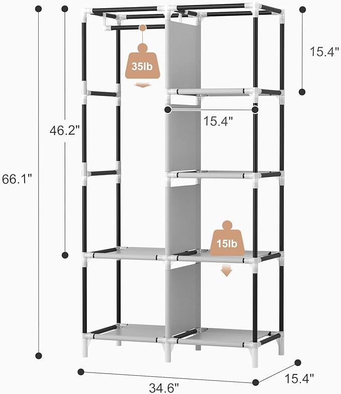 ROJASOP Portable Closet Wardrobe Closet for Hanging Clothes with 6 Storage Shelves, 1 Hanging Rod and 4 Pockets, Clothes Organizer and Storage Wardrobe Free Standing Closet for Bedroom, Grey
