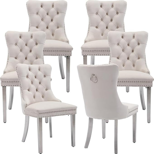 Luxury Upholstered Dining Chairs Set of 6, Beige Kitchen Chair with Silver Metal Legs, Velvet Tufted Back Dining Chair, Sillas de Comedor, Modern Kitchen & Dining Room Chairs (Beige, 6 Pcs)