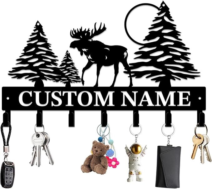 Personalized Custom Name Forest Deer Wall Keys Hooks,Metal Forest Deer Art Clothes Hooks,Metal Forest Deer Wall Home Storage Decorative,For Front Door, Hallway, Kitchen, Bedroom,Keys,Hats (Style C)