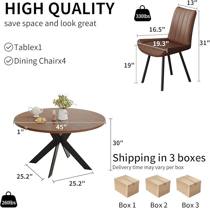 Walnut Round Dining Table Set for 4, Mid-Century Modern Kitchen Table and Chairs, Small Space Dining Room Furniture for Apartment, Breakfast Nook or Studio (Boxwood-1 Table + 4 Brown Chairs)