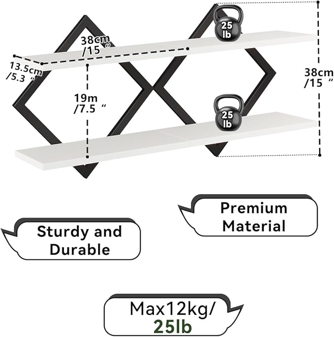 IBUYKE Floating Shelves,15 Inch Wall Shelf Set of 2,Wall Mounted Shelves,2 Tier Hanging Decorative Storage Shelf for Living Room, Bedroom, Bathroom, Kitchen TFS003W-2