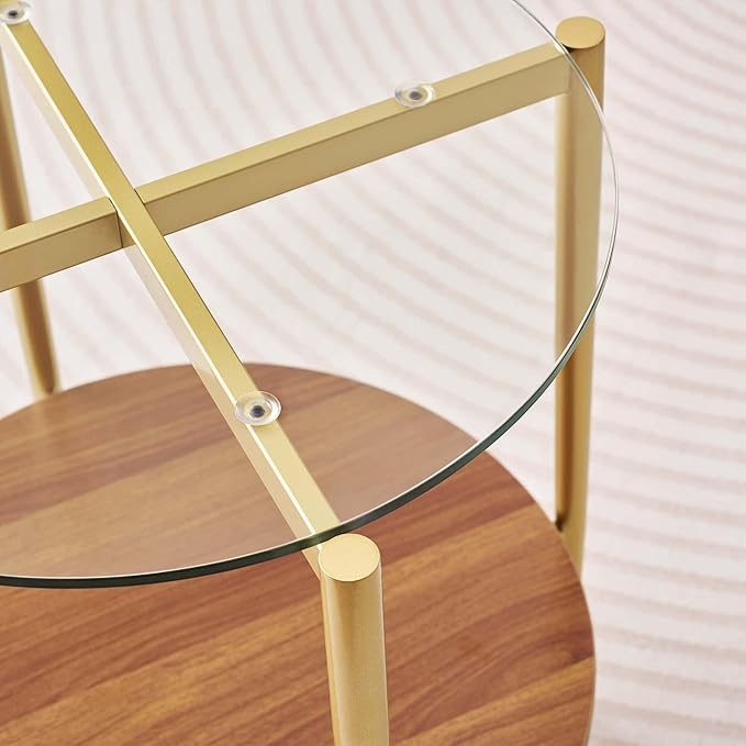 Round Glass End Table, Mid-Century Modern Design Sofa Table for Living Room, D18 x H23, 2-Tier Structure, Clear Glass Top and Walnut Shelf, Sleek Conical Legs with Gold Finish Frame
