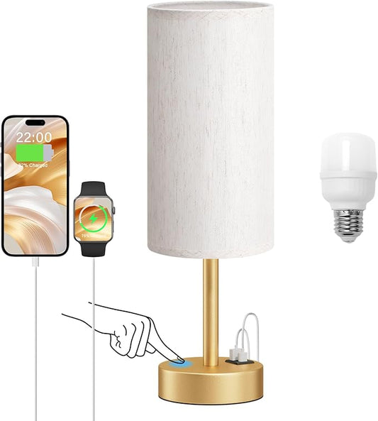 Dicoool Elegant Gold Touch Table Lamp, Modern Wedding Gift for Couples, Bedside Lamps with USB-C USB-A Charging Ports, 3 Way Dimmable Small Lamp for Office, Bathroom, Living Room，Christmas Gift