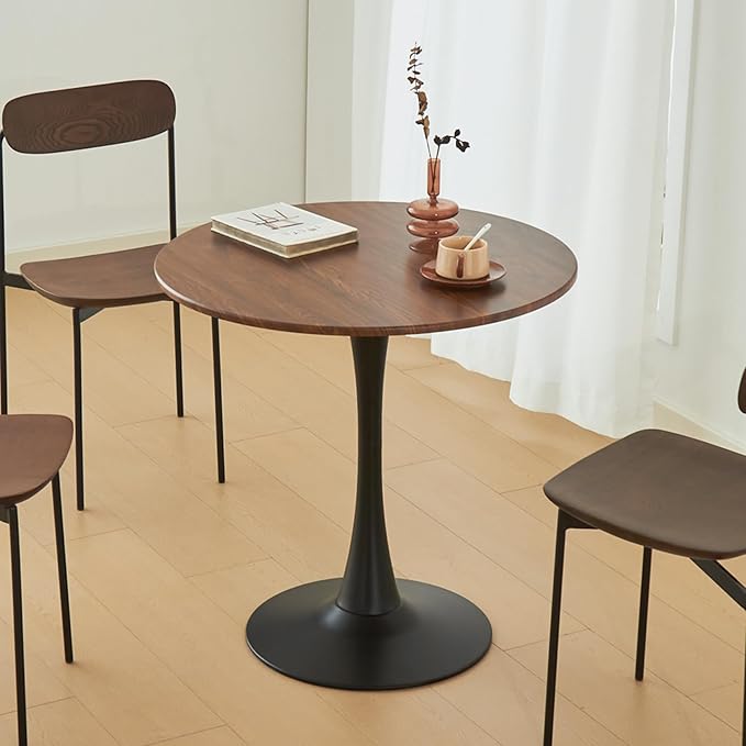Round Dining Tulip Table for 2, Mid-Century Modern Table with Sturdy Metal Pedestal for Kitchen, Bistro, Cafe, Leisure (Faux Walnut, 24 INCH)