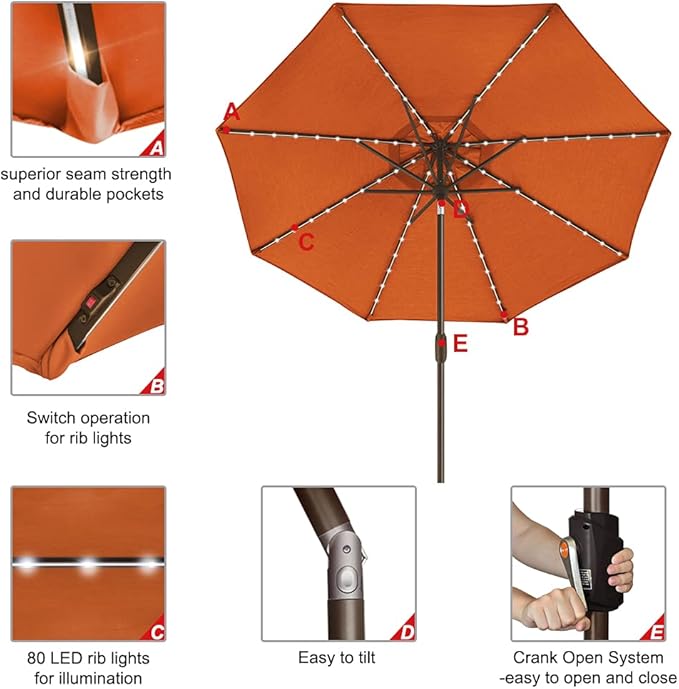 EliteShade USA 10-Year-Non-Fading Solar 9ft Market Umbrella with 80 LED Lights Patio Umbrellas Outdoor Table Umbrella with Ventilation,Rust