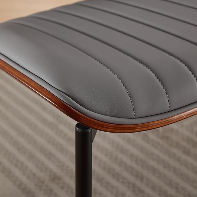 Dining Chairs Set of 2, Mid Century Modern Accent Dining Room and Kitchen Chairs, Upholstered PU Leather Vertical Stripe Chairs for Vanity with Walnut Bentwood and Metal Legs, Gray