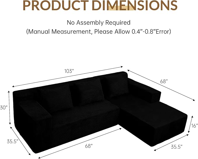 ANONER 103" Sectional Cloud Couch with L-Shape Chaise, Modular Sofa with Deep Seat, Free Combination Cloud Couches for Modern Minimalist Living Room Apartment, No Assembly Required, Black