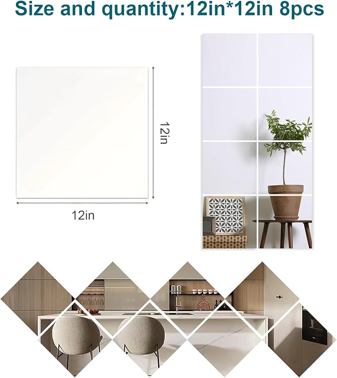8 Pack 12x12 Inch Shatterproof Acrylic Mirror Tiles, Self-Adhesive Full Body Wall Mirrors for Bedroom, Home Gym, Bathroom & Living Room, Unbreakable Flexible Mirror Sheets