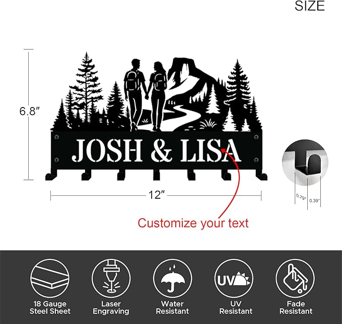 NIWAHO Personalized Backpacker Couple Key Holder with Name – Custom Metal Wall Sign with Hooks, Hiking Adventure Design for Entryway or Cabin Decor