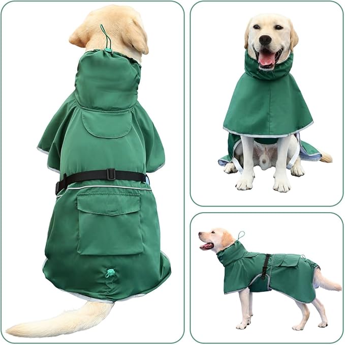 Waterproof Dog Raincoat Adjustable Dog Hooded Slicker Poncho Raincoat for Medium Large Dogs, Reflective Dog Rain Jacket(Green, 5XL)