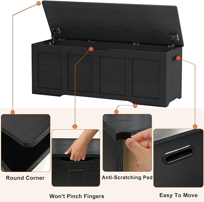 47.2" Storage Chest, Extra Large Storage Trunk with 2 Safety Hinges, Wooden Storage Bench, Shoe Bench, Entryway Bench for Living Room, Bedroom, Black