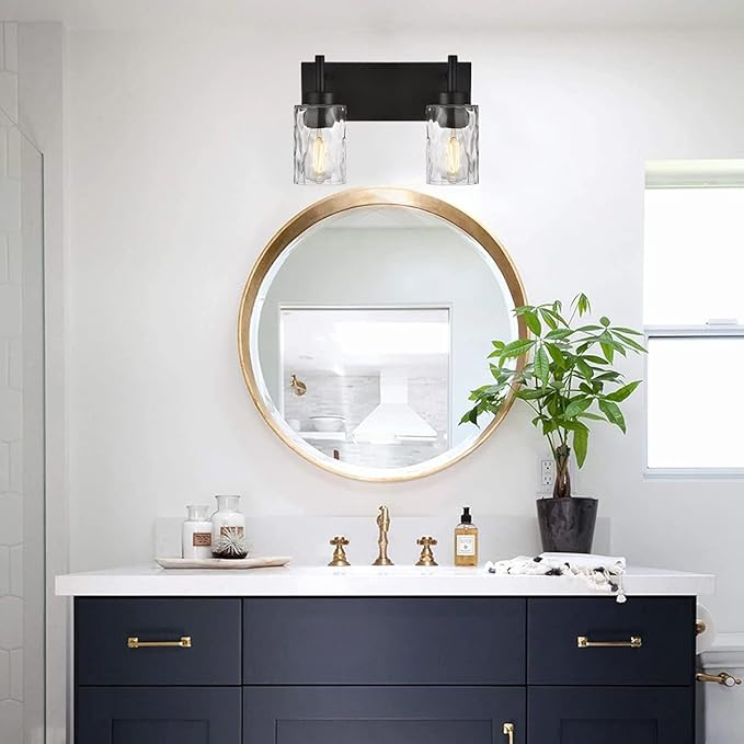 BONLICHT 2 Light Farmhouse Wall Sconce Vanity Lights Modern Black Bathroom Lighting Fixtures with Hammered Glass Shade,Industrial Porch Metal Wall Mount Lamp for Hallway Kitchen Bedroom Laundry Room