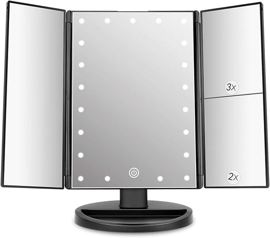 deweisn Tabletop Mount Trifold Lighted Vanity Mirror with 21 LED Lights, Touch Screen and 3X/2X/1X Magnification, Two Power Supply Mode Make up Mirror,Travel Mirror