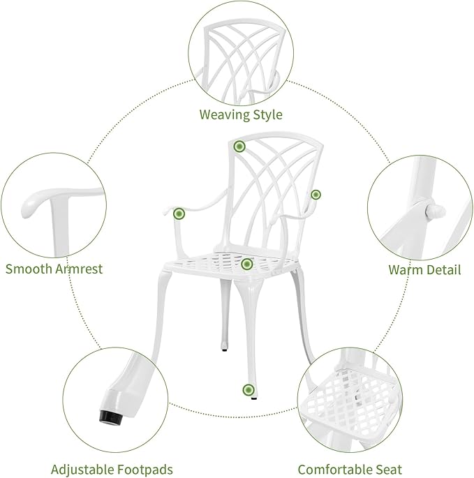 Patio Bistro Set 3 Piece with Umbrella Hole, Outdoor Bistro Table and Chairs Set of 2, Patio Bistro Set 3 Piece White, Cast Aluminum Furniture for Park Yard Front Porch