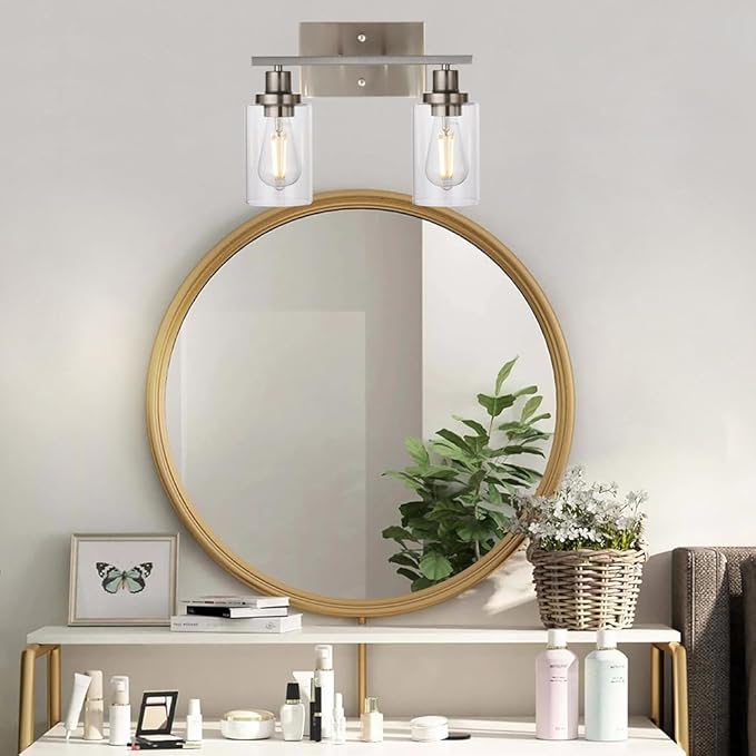 MELUCEE Metal Wall Lights with Clear Glass Shade 2 Heads Bathroom Light Fixtures Brushed Nickel Modern Vanity Lights Sconces for Hallway Bedroom Kitchen (Patent No.: US D963914 S)