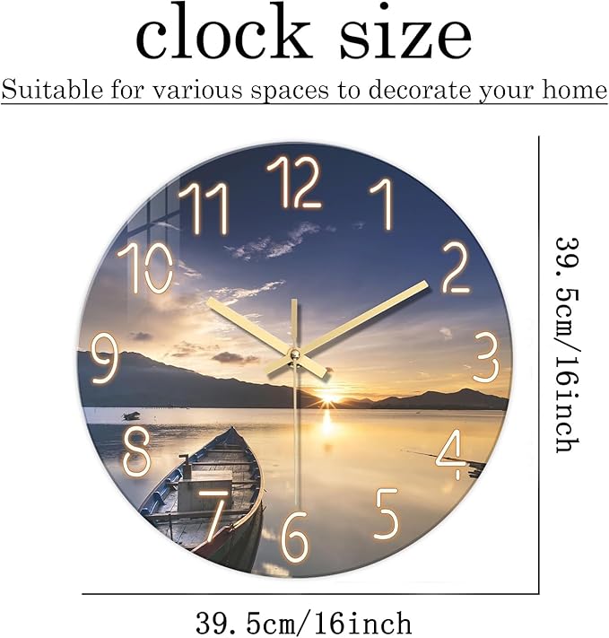 16 Inch Large Beach Wall Clocks for Living Room Decor Sunset Battery Powered Clock Analog Silent Wall Clock Modern