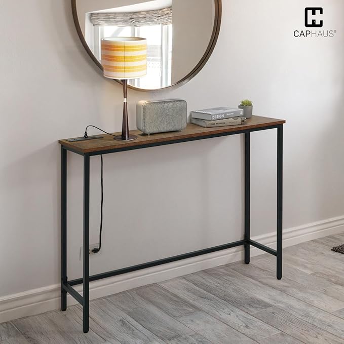 CAPHAUS 41” Classic Console Table w/ 2 Outlets, USB & Type-C Ports for Entryway, Modern Snack Entrance Sofa Tableau w/Charging Station, Living Room Accent Behind Couch Plant Mesa, Rustic Oak