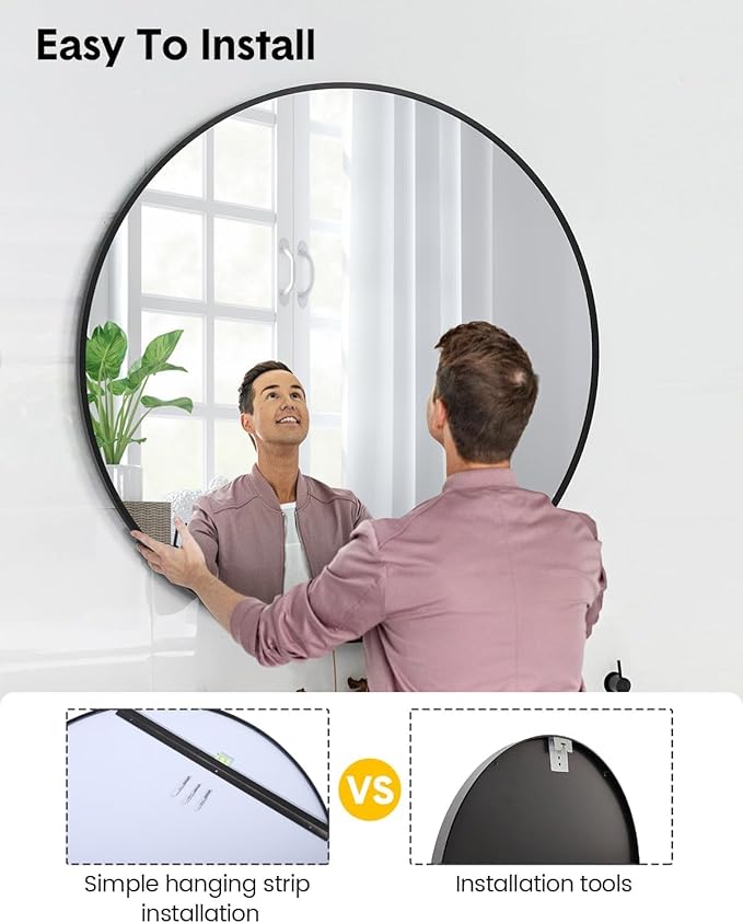 32 Inch Black Circle Wall Mirror, Modern Round Metal Framed Mirror for Bathroom, Entryway, Living Room, Bedroom, Dining Room, Hallway, Decorative Home Décor, Easy Mount