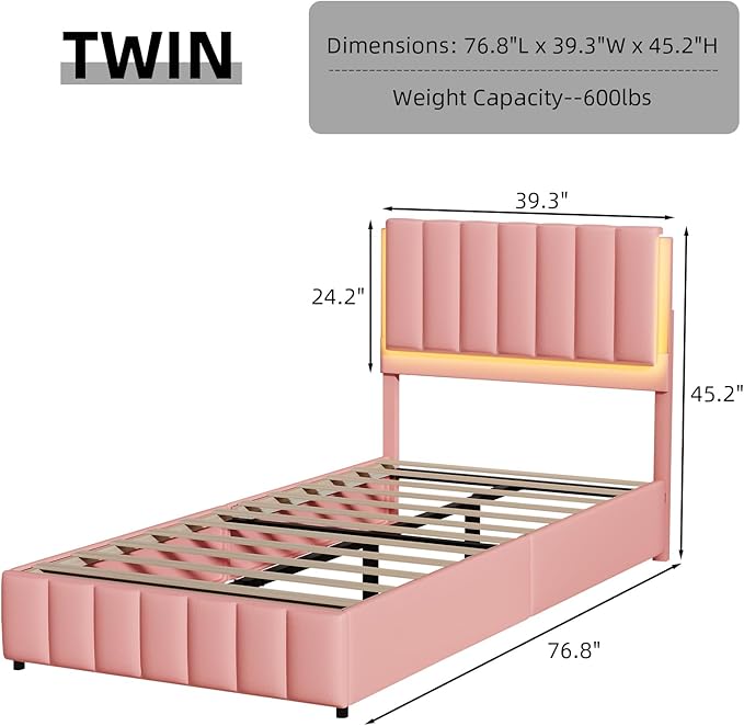 Twin Upholstered Bed Frame with LED Lights, Faux Leather Platform Bed with Headboard and Wooden Slats Support, No Box Spring Needed, Noise-Free, Easy Assembly, Pink