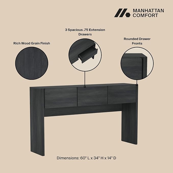 Manhattan Comfort Linda Modern Console Table with 3 Storage Drawers – 60" Narrow Entryway Stand for Living Room, Hallway, or Dining Room – Wood Grain Accent Furniture, Charcoal Grey