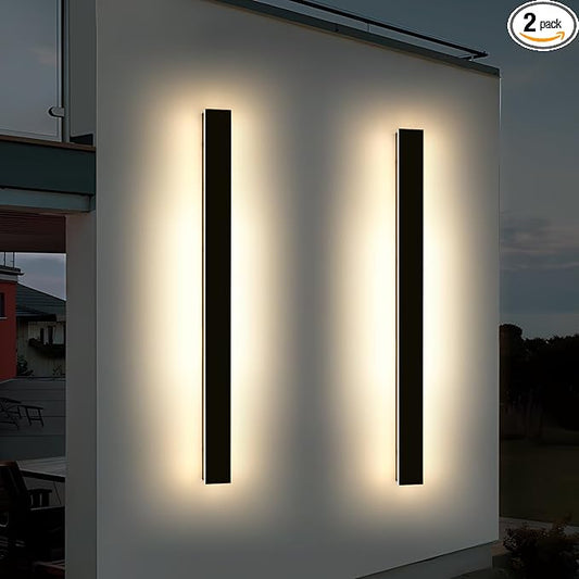 2 Pack 57inch Modern Outdoor Wall Lights, Long Strip Exterior LED Wall Sconce, 3000K Warm White, IP65 Waterproof, 50W, Black Outside Lighting Fixture for Porch, Garden, Fence, Balcony